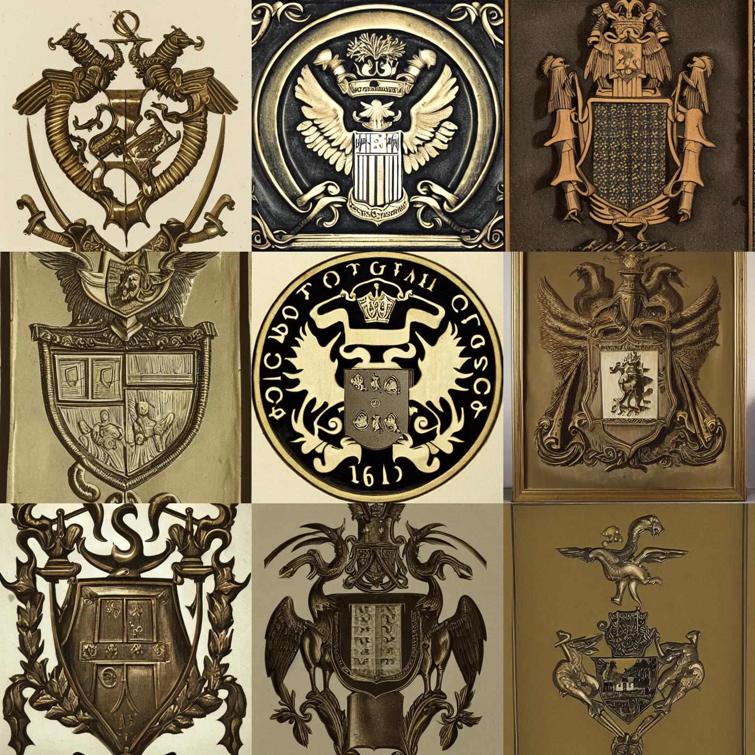 Prompt: coat of arms, bronze engraving
