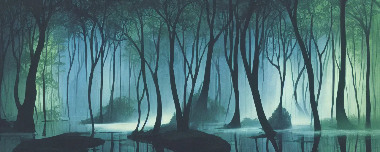 Image similar to deep forest, small rainbow river, light shimmering, water mists, subtle color variantions, summer rain, gentle mists, a white robed benevolent magician clothed in a royal garment in contemplation and meditation casts a benevolent white magic spell, by Eyvind Earle and Mary Blair