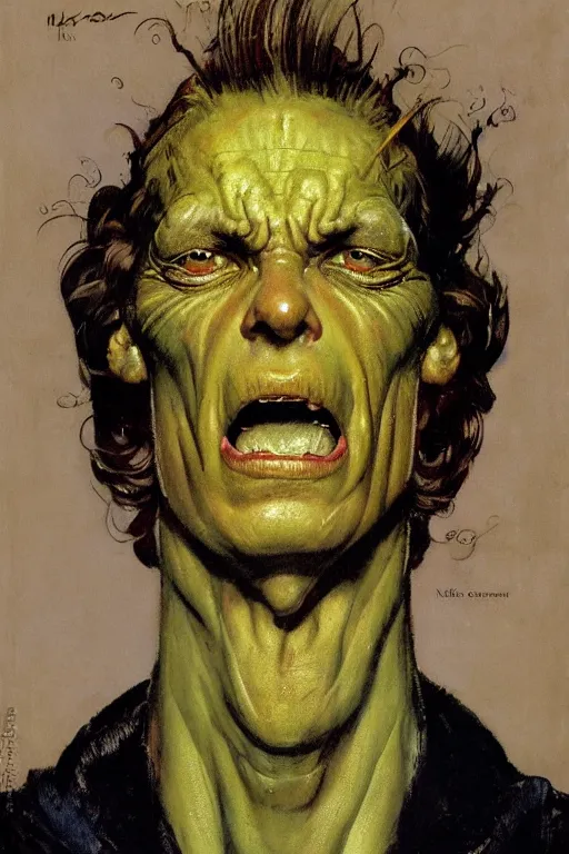 Image similar to upper body and head portrait of lizard man, by norman rockwell, roberto ferri, daniel gerhartz, edd cartier, jack kirby, howard v brown, ruan jia, tom lovell, frank r paul, jacob collins, dean cornwell, 5 0 s pulp scifi fantasy illustration