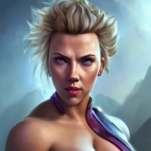 Prompt: detailed portrait of scarlett johansson as muscular zarya from overwatch, beautiful, fantasy, intricate, elegant, highly detailed, digital painting, artstation, concept art, matte, sharp focus, illustration, art by aenaluck, artgerm and roberto ferri and greg rutkowski, epic fantasy, digital painting