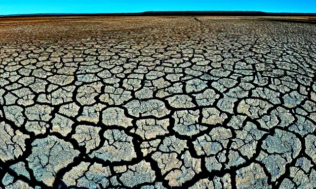 Image similar to panorama of big raindrops flying upwards into the perfect cloudless blue sky from a dried up river in a desolate land, dead trees, blue sky, hot and sunny highly-detailed, elegant, dramatic lighting, artstation, 4k, cinematic landscape, photograph by Elisabeth Gadd, National Geographic, weird weather phenomenon