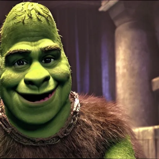 Image similar to film still of Shrek as a werewolf in American Werewolf in London