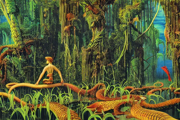 Image similar to Snake oil salesman searching the swamps of Formosa, painting by Roger Dean, painting by Naomi Okubo