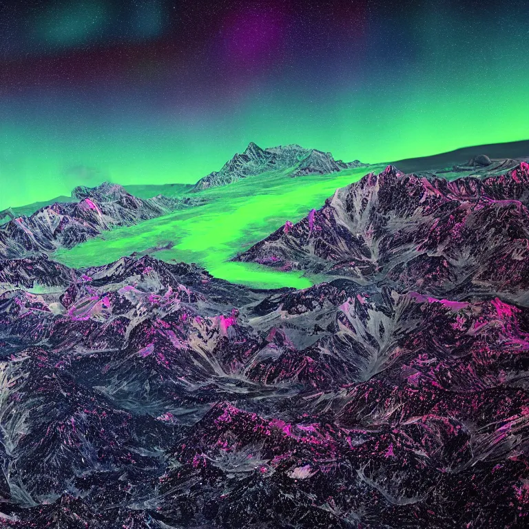 Prompt: mountain line in outer space, mountain label, northern lights in methocosmos or outer space, almost like in the sky or all in the amazing outdoors view, long exposure, 8 k resolution, trending on artstation