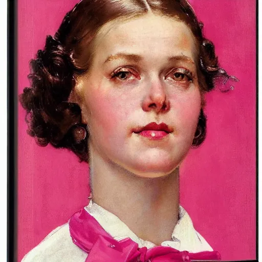 Image similar to frontal portrait of a woman wearing pink and white, by norman rockwell