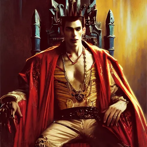 Image similar to perfectly centered portrait of attractive vampire king in a robe sitting on a throne of bones, highly detailed painting by gaston bussiere, craig mullins, j. c. leyendecker, 8 k