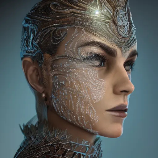 Image similar to a regal brown woman wearing an intricate and detailed armor made of ice. ice caves. glaciers. dramatic shadows. reflections. volumetric lighting. textures. delicate. translucent. studio portrait. photorealistic. octane render