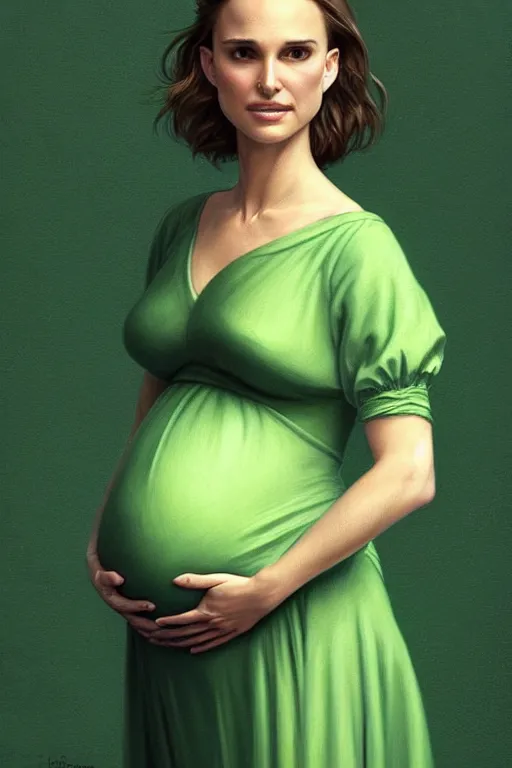 Image similar to pregnant natalie portman in a green dress, realistic portrait, symmetrical, highly detailed, digital painting, artstation, concept art, smooth, sharp focus, illustration, cinematic lighting, art by artgerm and greg rutkowski and alphonse mucha