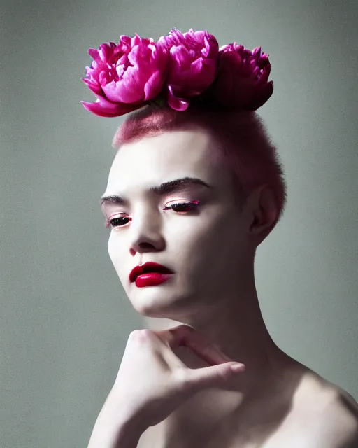 Prompt: androgynous portrait, close-up, high sharpness, zeiss lens, fashion photo shoot, peony flowers, pink hair, red lipstick, on metal background, Annie Leibovitz and Steve McCurry, David Lazar, Zhong Lin, Jimmy Nelsson, Eiko Hosoe , artistic, hyper-realistic, beautiful face, octane rendering