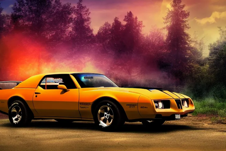 Image similar to pontiac firebird with grafitti tag on side, sunrise, dramatic, cinematic, forest, sunbeams, volumetric lighting, wide shot, low angle, realistic pokemon creatures looking at car, pokemon