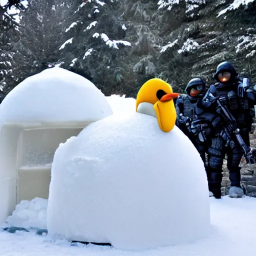 Image similar to a swat team raid of a club penguin igloo