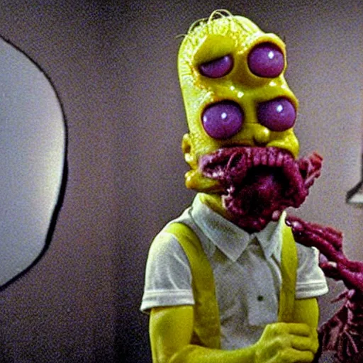 Image similar to b - grade horror film budget production a very strange creature made of cronenberg simpsons