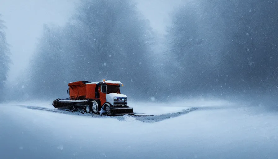 Prompt: A Snowplow!! clearing a beautiful snowy landscape. A blizzard and heavy snow falls. Fog and mist, highly detailed, concept art, digital art, 4k, high snow