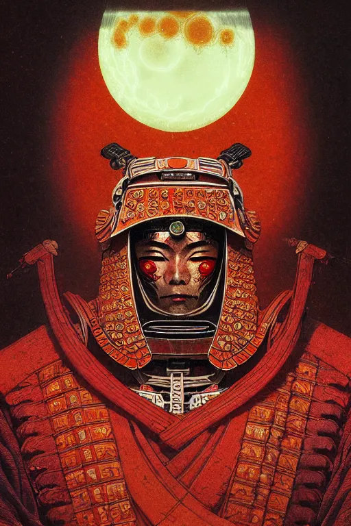 Image similar to japanese shogun, character portrait, portrait, close up, concept art, intricate details, highly detailed, blood moon background, soft light, vintage sci - fi poster, in the style of chris foss, rodger dean, moebius, michael whelan, and gustave dore