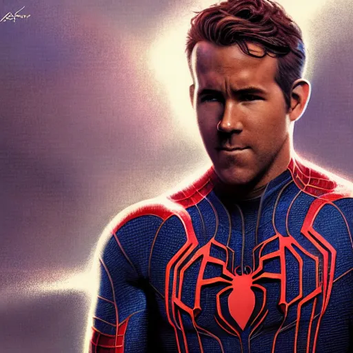 Image similar to ryan reynolds as a black and blue suit spider - man, cinematic, volumetric lighting, f 8 aperture, cinematic eastman 5 3 8 4 film, photorealistic by greg rutkowski, by stanley artgerm, by alphonse mucha