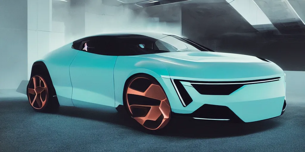 Prompt: a design of a futuristic car, designed by Polestar and DMC, vaporwave sunrise background, brushed teal copper car paint, black windows, dark show room, dramatic lighting, hyper realistic render, depth of field