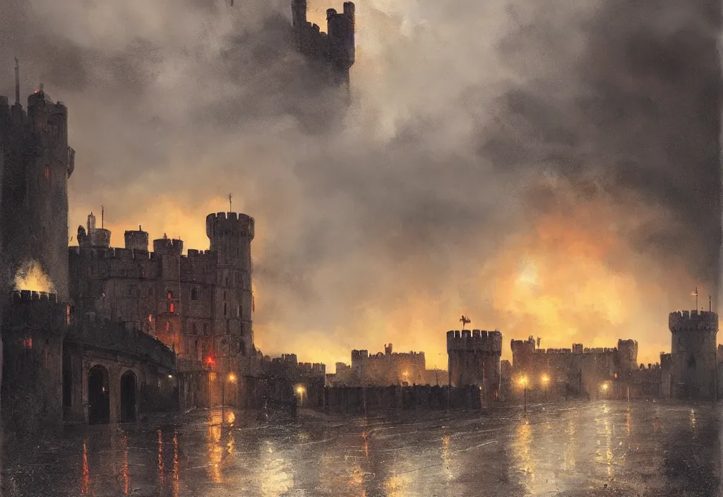 Prompt: windsor castle on fire, artstation, jakub rozalski, high detail, dramatic lighting, night, rain