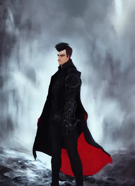 Image similar to An epic fantasy comic book style portrait painting of a young man with black cowlick haircut, wearing black overcoat, red clothes, blue jeans. Unreal 5, DAZ, hyperrealistic, octane render, cosplay, RPG portrait, dynamic lighting