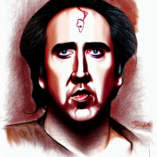 Image similar to nicolas cage with pomegranate body, caricature concept art