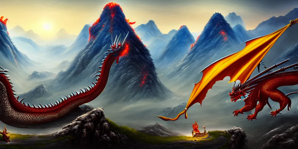 Image similar to Chinese president, bananas weapon, battle, dragon, centered, highly detailed, mountains, epic composition, background, fantasy art, oil painting, 4k