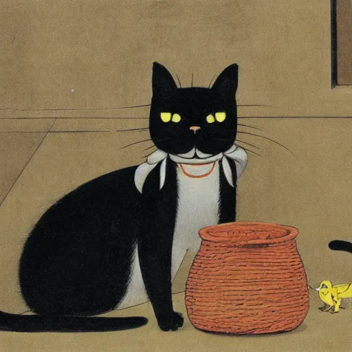 Image similar to a black cat with yellow eyes looking at a cornered mouse by tsuguharu foujita