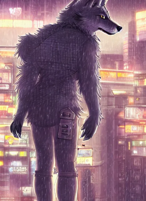 Image similar to character portrait of a male anthro wolf fursona with a tail and a cute beautiful attractive detailed furry face wearing stylish cyberpunk clothes in a cyberpunk city at night while it rains. hidari, color page, tankoban, 4K, tone mapping, Akihiko Yoshida.