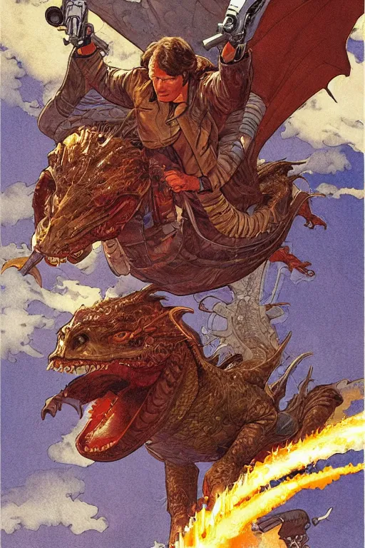 Image similar to han solo riding a dragon, full view, science fiction, art by jean giraud, moebius, juan gimenez, in watercolor gouache detailed paintings, in style of syd mead, colorful comics style, artstation