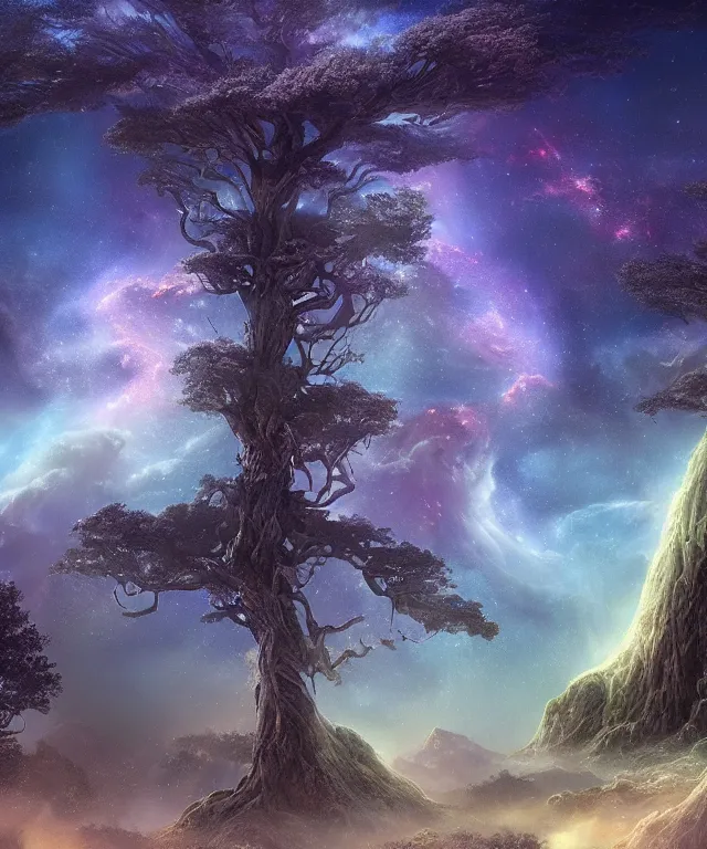 Image similar to a beautiful dreamlike terrain with large twisting trees and the nebula peeking through the sky, digital matte painting by yucong tang