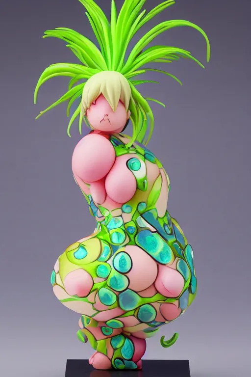 Prompt: a fat bubbly super detailed anime figurine with fluo color detail, and muted arm colors, that looks like a plant, decorated by plastic synthetic ionized metal flower sculptures