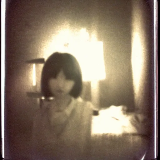 Prompt: dreamy polaroid photograph of madotsuki in the backrooms, many lights in background