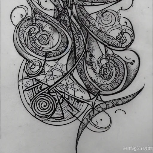 Image similar to Voynich manuscript illustration outline tattoo design, black ink on white paper