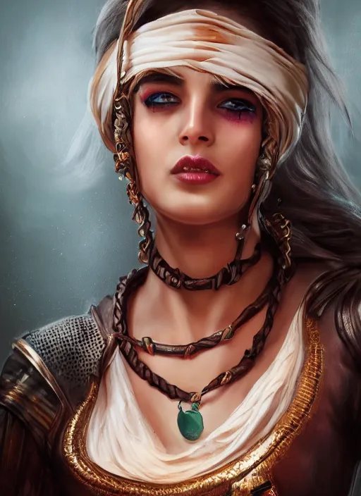Prompt: Beautiful Arab girl with chest wrapped in bandages, leather, portrait, fantasy, medieval, vivid colors, fantasy, elegant, concept art, sharp focus, beautiful face, digital art, Hyper-realistic, 4K, Unreal Engine, Highly Detailed, HD, Dramatic Lighting by Brom, trending on Artstation