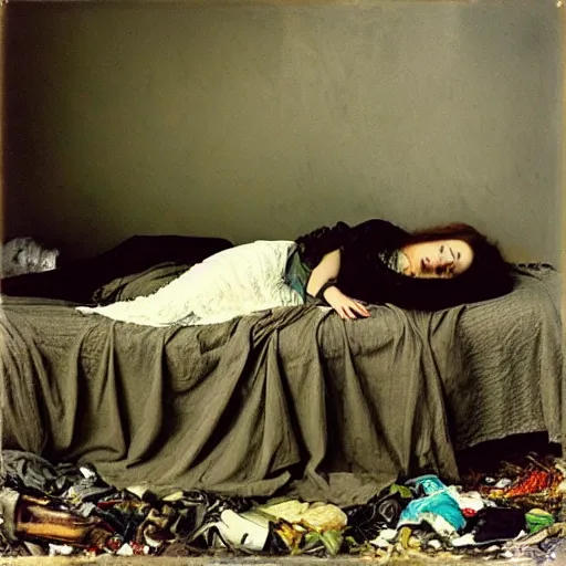 Prompt: “a girl Ophelia by Sir John Everett Millais laying on a dirty mattress covered in filth and garbage in an dark concrete basement room. 35mm film. Cursed image.”