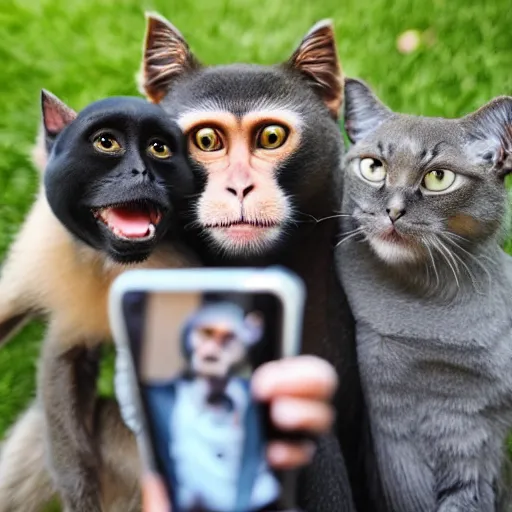 Image similar to Monkey, cat, and dog in suits taking selfie.