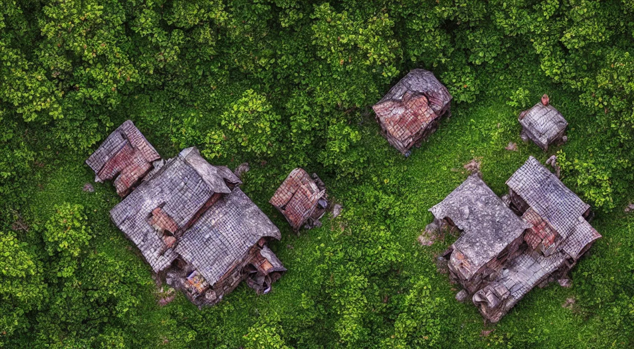 Prompt: overhead view of an old rustic house in a forest in final fantasy