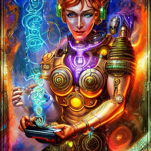 Prompt: cyborg goddess of technology by senior concept artist josephine wall, trending on artstation, puzzle art