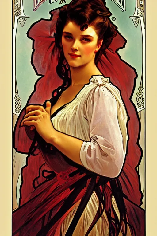 Image similar to scarlett o'hara, painting by alphonse mucha, detailed art, artstation