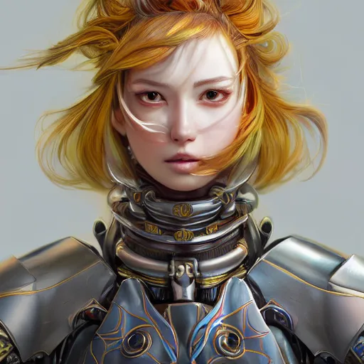 Image similar to studio portrait of lawful good colorful female holy mecha paladin absurdly beautiful, elegant, young sensual graceful woman, ultrafine hyperrealistic detailed face illustration by kim jung gi, irakli nadar, intricate linework, sharp focus, bright colors, matte, octopath traveler, final fantasy, unreal engine highly rendered, global illumination, radiant light, intricate environment