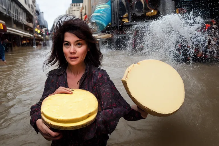 Image similar to closeup portrait of a woman carrying a wheel of cheese over her head in a flood in Rundle Mall in Adelaide in South Australia, photograph, natural light, sharp, detailed face, magazine, press, photo, Steve McCurry, David Lazar, Canon, Nikon, focus