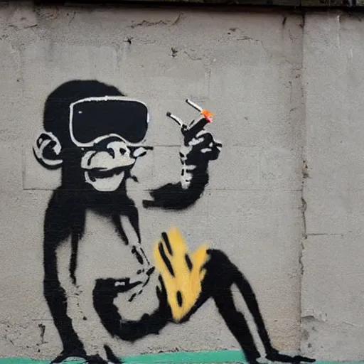 Prompt: banksy street art a monkey wearing sunglasses smoking a cigar