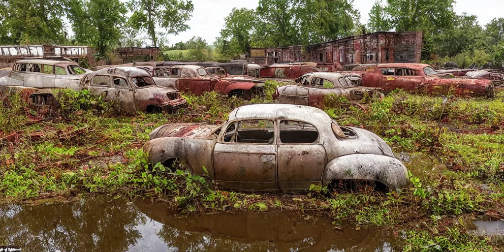 Prompt: an old decayed factory with holes in the roof where rain is leaking and puddles on the floor show reflections of 1 9 2 0's abandoned cars left to rot in an overgrown field, rusty
