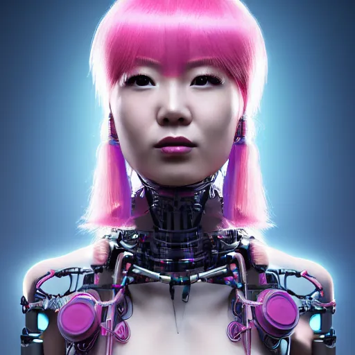 Prompt: portrait of a beautiful mongolian woman with pink hair as a cyberpunk cyborg half robot, revealing wires and electronics, hooked - up, sci - fi, missing panels, intricate abstract upper body intricate artwork, concept art, octane render, deviantart, cinematic, key art, hyperrealism, iridescent accents, portrait photograph, nikon 3 5 mm, photograph by greg rutkowski