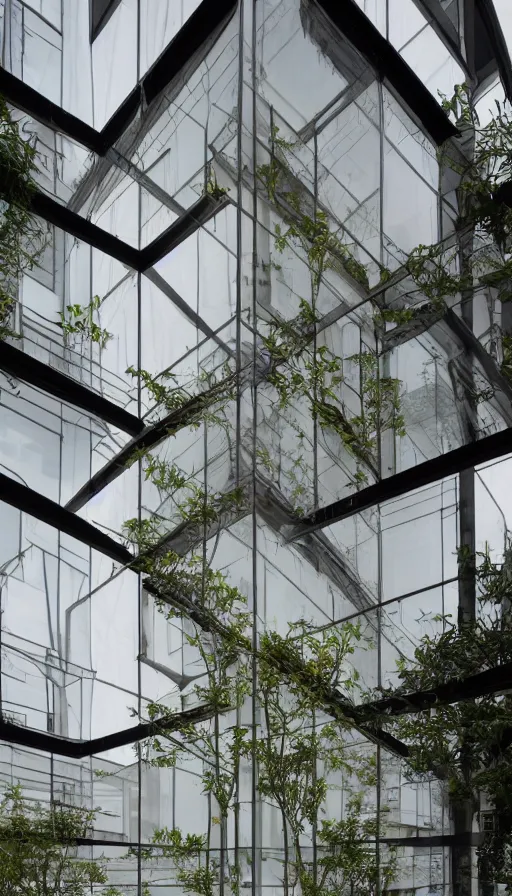 Image similar to exterior shot of a contemporary minimalistic 2 floors greenhouse architecture in a city block, with a transparent facade made in wood textile, front view, creepy , overcast, highly detailed, iwan baan