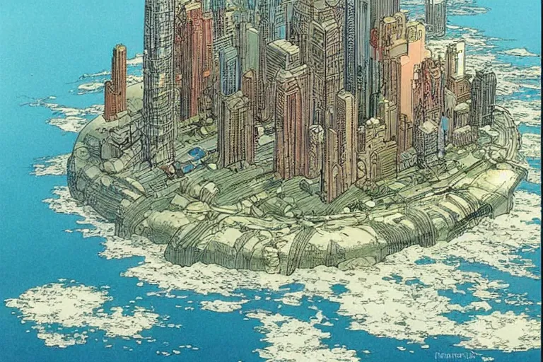 Image similar to a metropolis built on a island floating above the sea in the sky, waterfalls fall from the island into the sea, by moebius