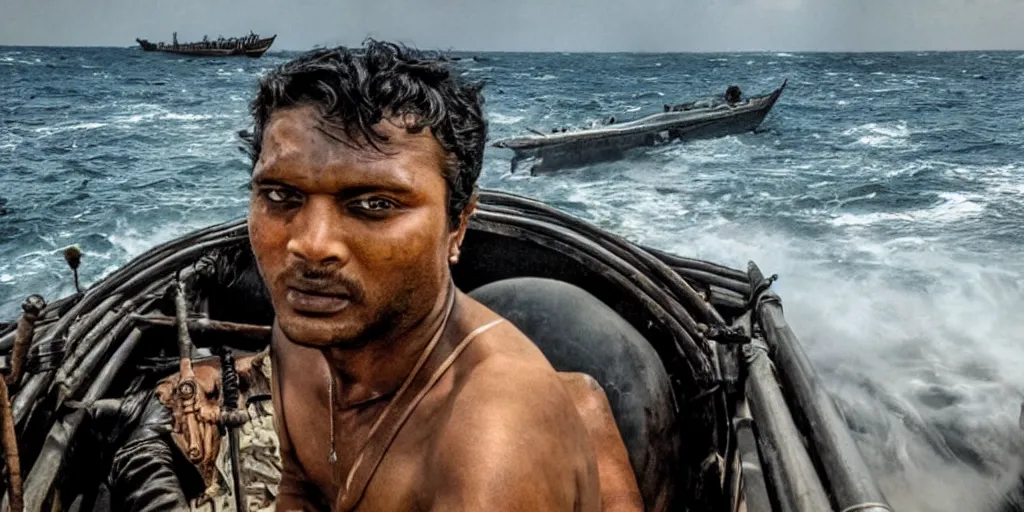 Image similar to sri lankan mad max style, ocean, driving a boat, film still, epic shot cinematography, rule of thirds