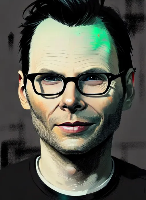Image similar to highly detailed closeup portrait of beautiful christian slater, stubble, old, as mr robot by atey ghailan, by greg rutkowski, by greg tocchini, by james gilleard, by joe fenton, by kaethe butcher, gradient green, black and white color scheme, grunge aesthetic!!! ( ( graffiti tag wall background ) )
