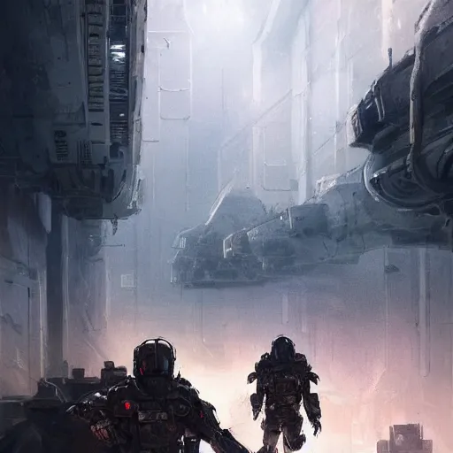 Image similar to concept art by greg rutkowski, soldiers in futuristic tactical gear, running around the outside of a space colony, futuristic, brutalistic environment, scifi, detailed and intricate environment, reddish lighting, stressful atmosphere, high technology, highly detailed portrait, digital painting, artstation, concept art, smooth, sharp foccus ilustration, artstation hq.