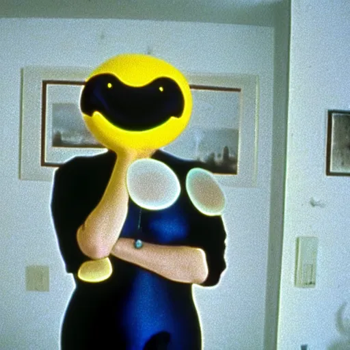 Image similar to still from a 1994 arthouse film about a depressed woman dressed as an inflatable smiley who meets a handsome younger man in a seedy motel room, color film, 16mm soft light, weird art on the wall