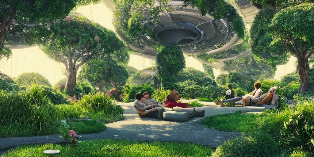 Image similar to a holodeck garden, beautiful and lush, with people lounging in chairs wearing vr headsets and eeg caps, wonderfully zen atmosphere, digital concept art, octane render 1 6 k, incredible masterpiece, futuristic and amazing