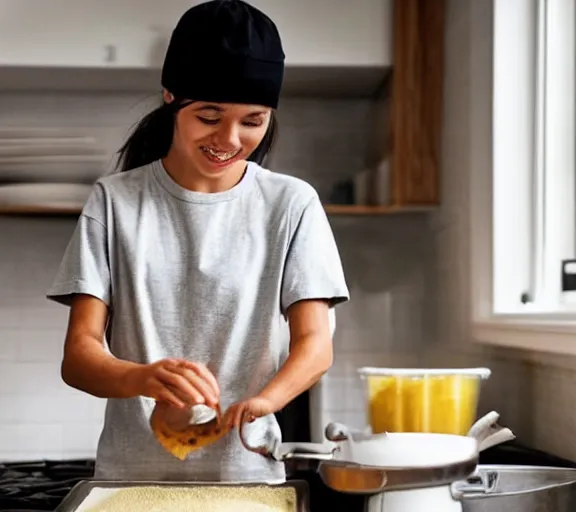 Image similar to A tomboyish girl wearing only an oversized tshirt is making scrambled eggs in the kitchen. It is a cozy morning. Amateur photo.